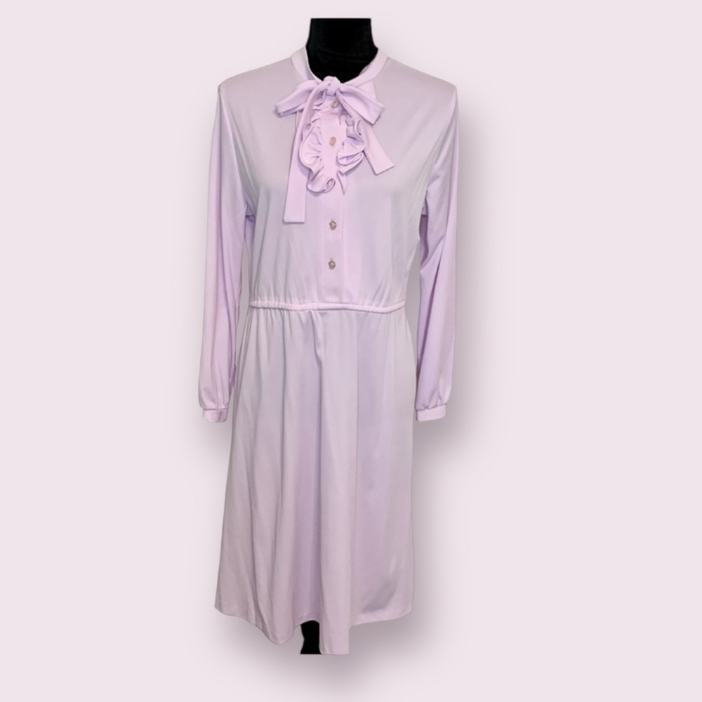 Vintage 1970’s Dress Union Label Lilac Pink Ruffle & Button Front Midi Size 12